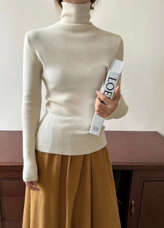 Пуловер с висока яка, плетен, Slim fit, дълги ръкави, средна дебелина за градски стил