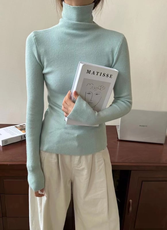 Пуловер с висока яка, плетен, Slim fit, дълги ръкави, средна дебелина за градски стил