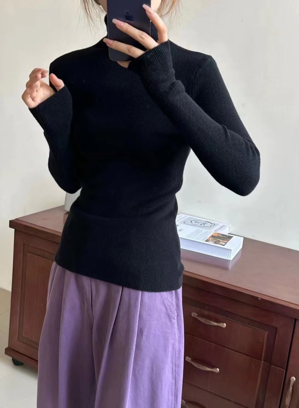 Пуловер с висока яка, плетен, Slim fit, дълги ръкави, средна дебелина за градски стил