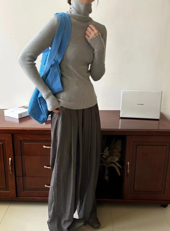 Пуловер с висока яка, плетен, Slim fit, дълги ръкави, средна дебелина за градски стил