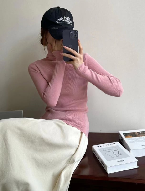 Пуловер с висока яка, плетен, Slim fit, дълги ръкави, средна дебелина за градски стил