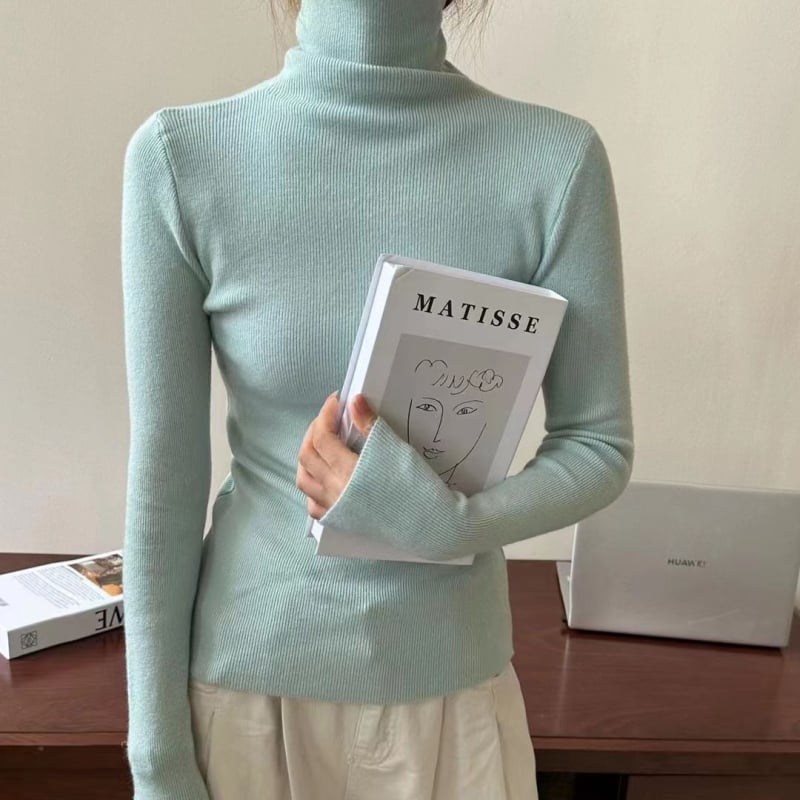 Пуловер с висока яка, плетен, Slim fit, дълги ръкави, средна дебелина за градски стил