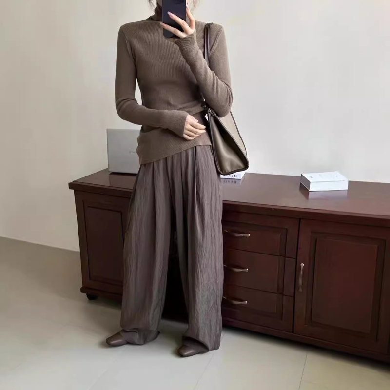 Пуловер с висока яка, плетен, Slim fit, дълги ръкави, средна дебелина за градски стил