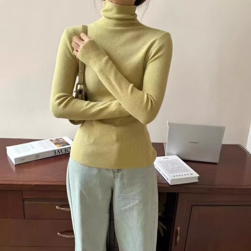 Пуловер с висока яка, плетен, Slim fit, дълги ръкави, средна дебелина за градски стил