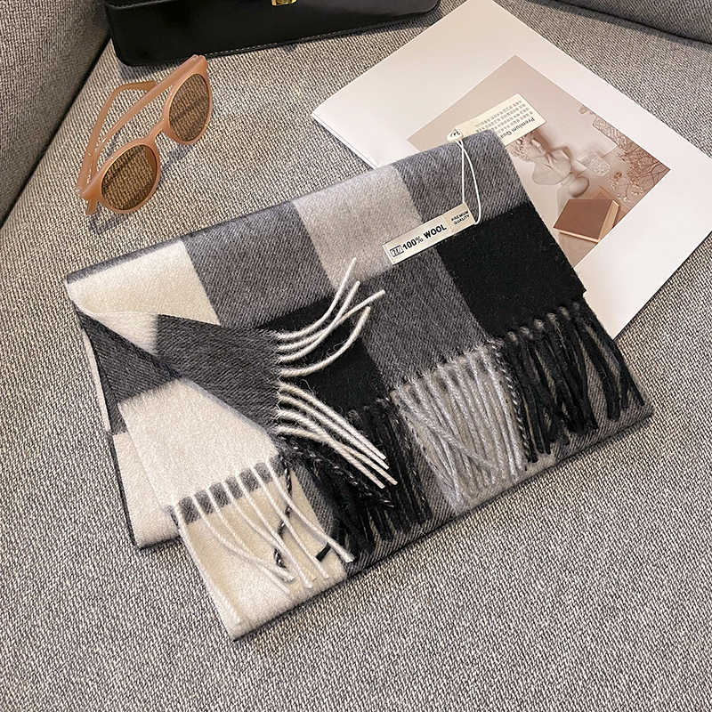 Gyapjú sál – kockás minta, 100% gyapjú, warp knitting technika, női, koreai stílus, téli szezon