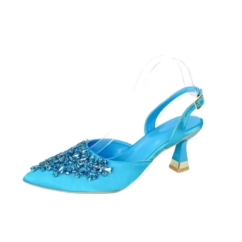 Pantofi de toc înalt cu partea superioară din mătase, vârf ascuțit, toc subțire, talpă din cauciuc, închidere cu șiret pe spate