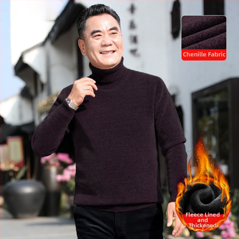 Férfi chenille kötött pulóver magas gallérral, fleece-bélés, vastagított kivitel, hosszú ujjú, 85% poliészter.