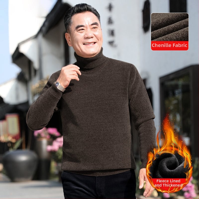 Férfi chenille kötött pulóver magas gallérral, fleece-bélés, vastagított kivitel, hosszú ujjú, 85% poliészter.