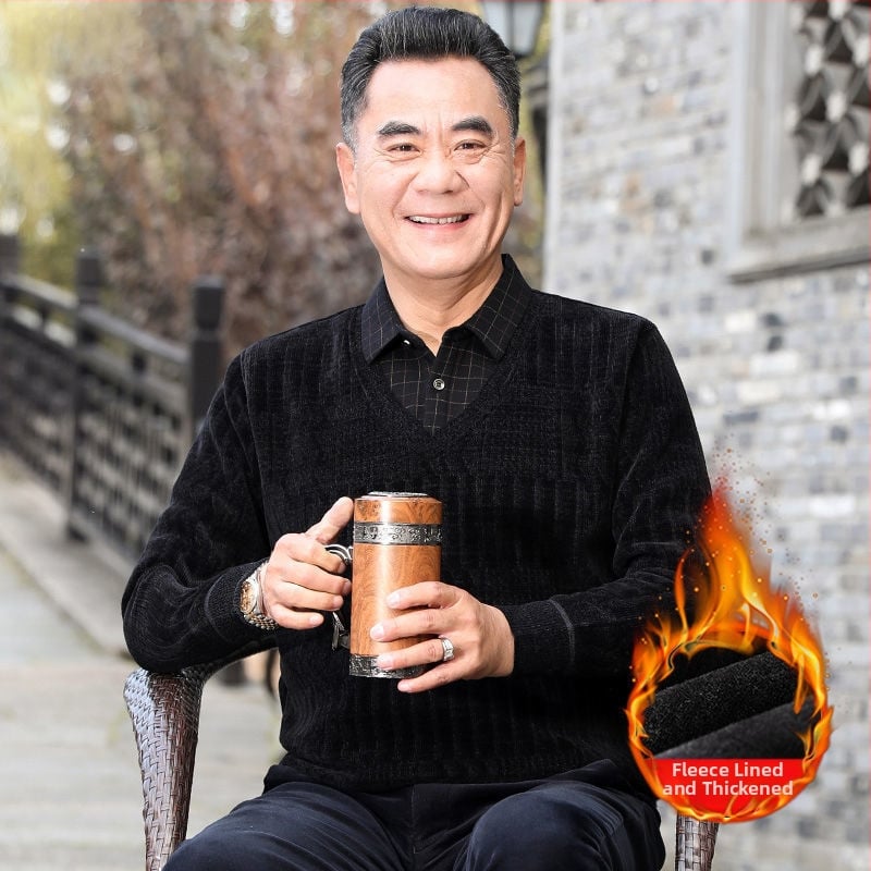 Férfi chenille kötött pulóver magas gallérral, fleece-bélés, vastagított kivitel, hosszú ujjú, 85% poliészter.