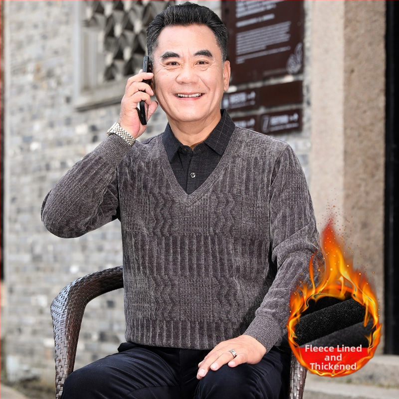 Férfi chenille kötött pulóver magas gallérral, fleece-bélés, vastagított kivitel, hosszú ujjú, 85% poliészter.