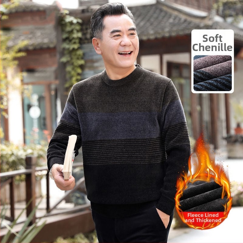 Férfi chenille kötött pulóver magas gallérral, fleece-bélés, vastagított kivitel, hosszú ujjú, 85% poliészter.