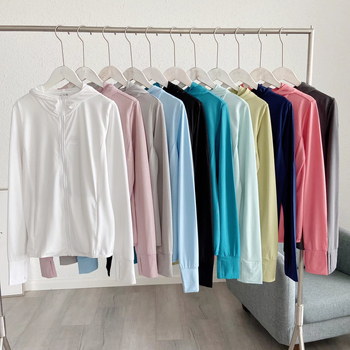 Ženski UV-zaštitni mrežasti kardigan s kapuljačom i zatvaračem, tanak ljeto, dugi rukavi, 70–80% poliester, poliester vlakna, organska pamuk — Ljeto 2023