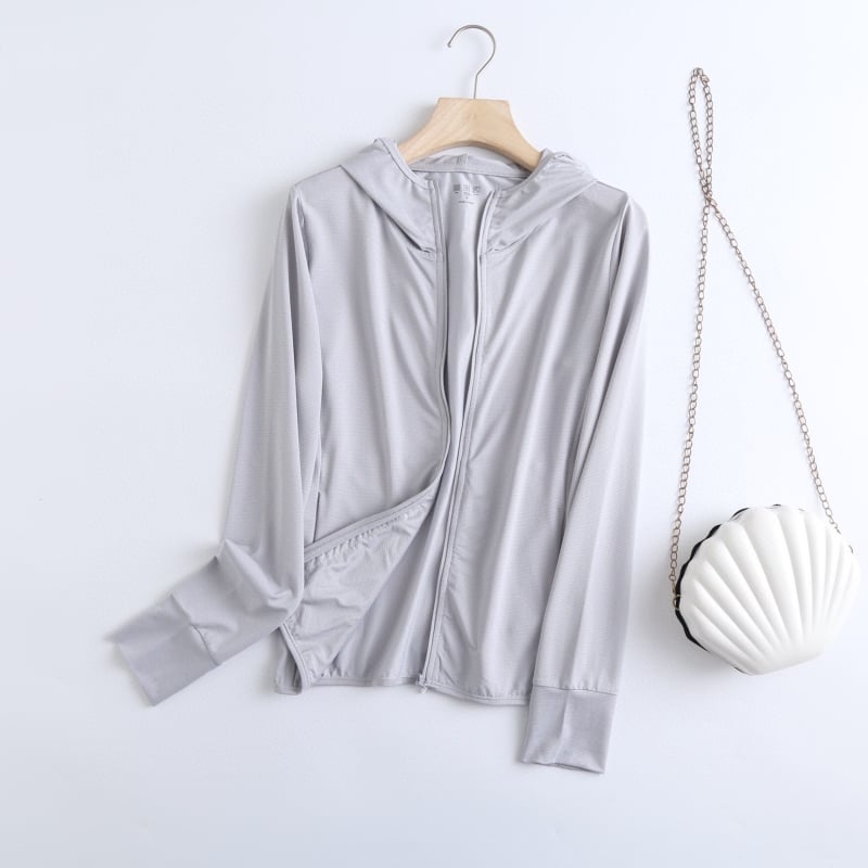 Ženski UV-zaštitni mrežasti kardigan s kapuljačom i zatvaračem, tanak ljeto, dugi rukavi, 70–80% poliester, poliester vlakna, organska pamuk — Ljeto 2023