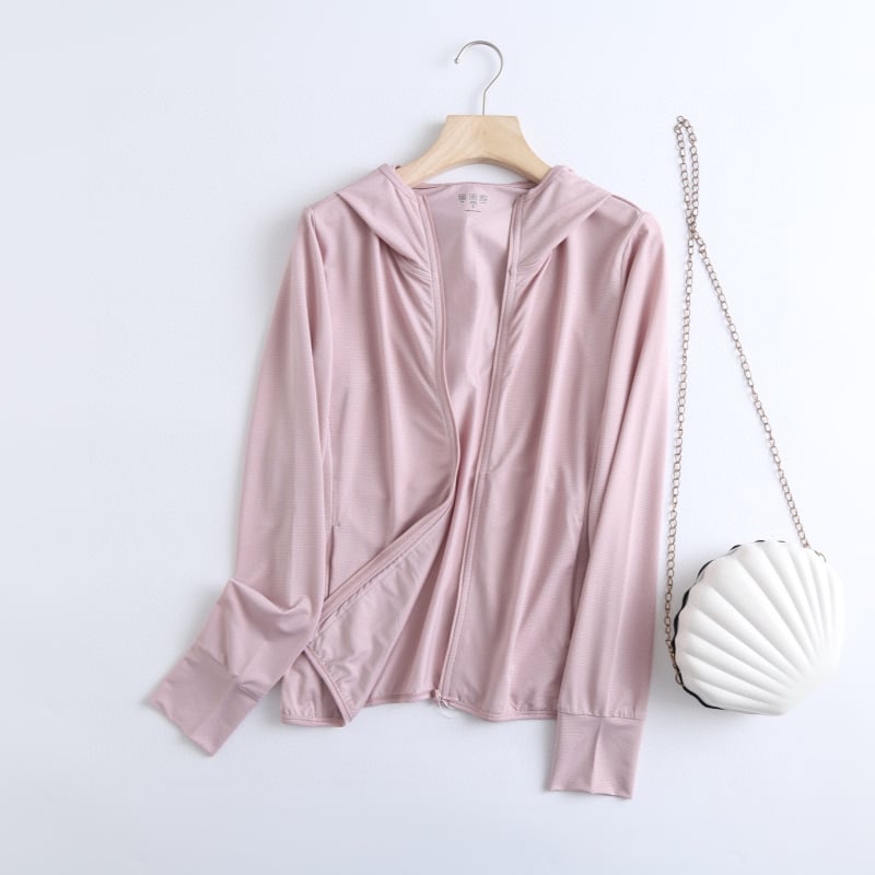 Ženski UV-zaštitni mrežasti kardigan s kapuljačom i zatvaračem, tanak ljeto, dugi rukavi, 70–80% poliester, poliester vlakna, organska pamuk — Ljeto 2023