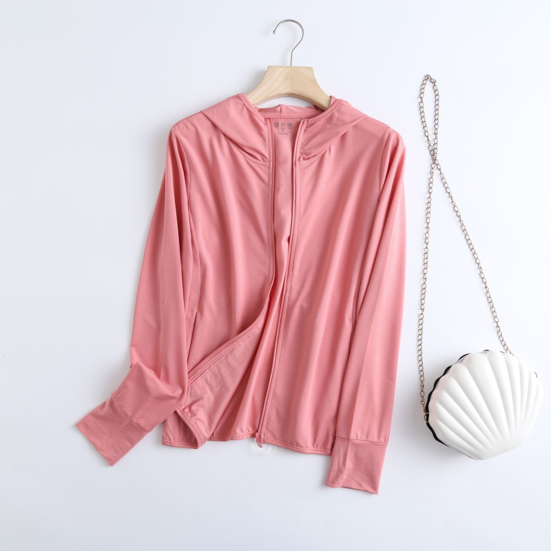 Ženski UV-zaštitni mrežasti kardigan s kapuljačom i zatvaračem, tanak ljeto, dugi rukavi, 70–80% poliester, poliester vlakna, organska pamuk — Ljeto 2023