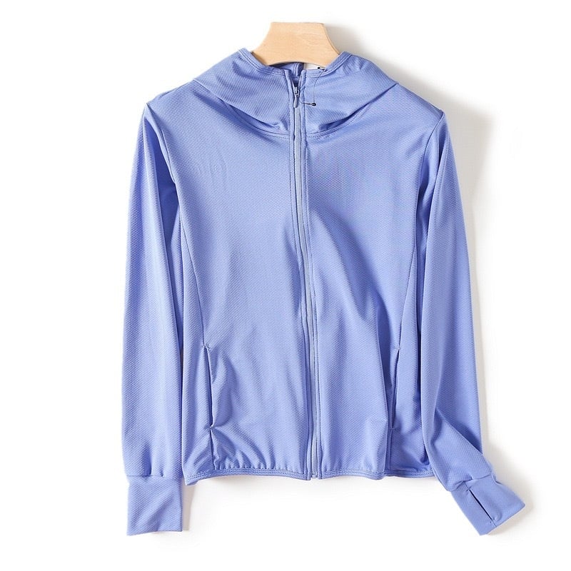 Ženski UV-zaštitni mrežasti kardigan s kapuljačom i zatvaračem, tanak ljeto, dugi rukavi, 70–80% poliester, poliester vlakna, organska pamuk — Ljeto 2023