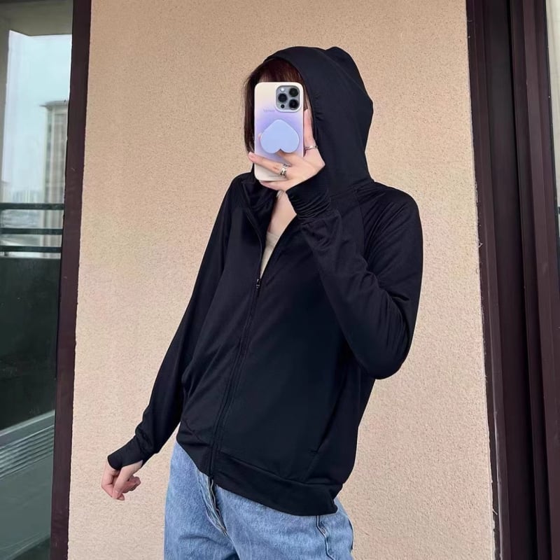 Ženski UV-zaštitni mrežasti kardigan s kapuljačom i zatvaračem, tanak ljeto, dugi rukavi, 70–80% poliester, poliester vlakna, organska pamuk — Ljeto 2023