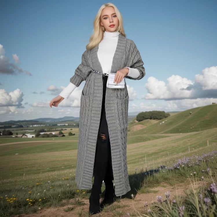 Кардиган с плиткова шарка, casual стил, slim fit, удължен модел, дълги ръкави, без яка, полиестерно-имитационен памук