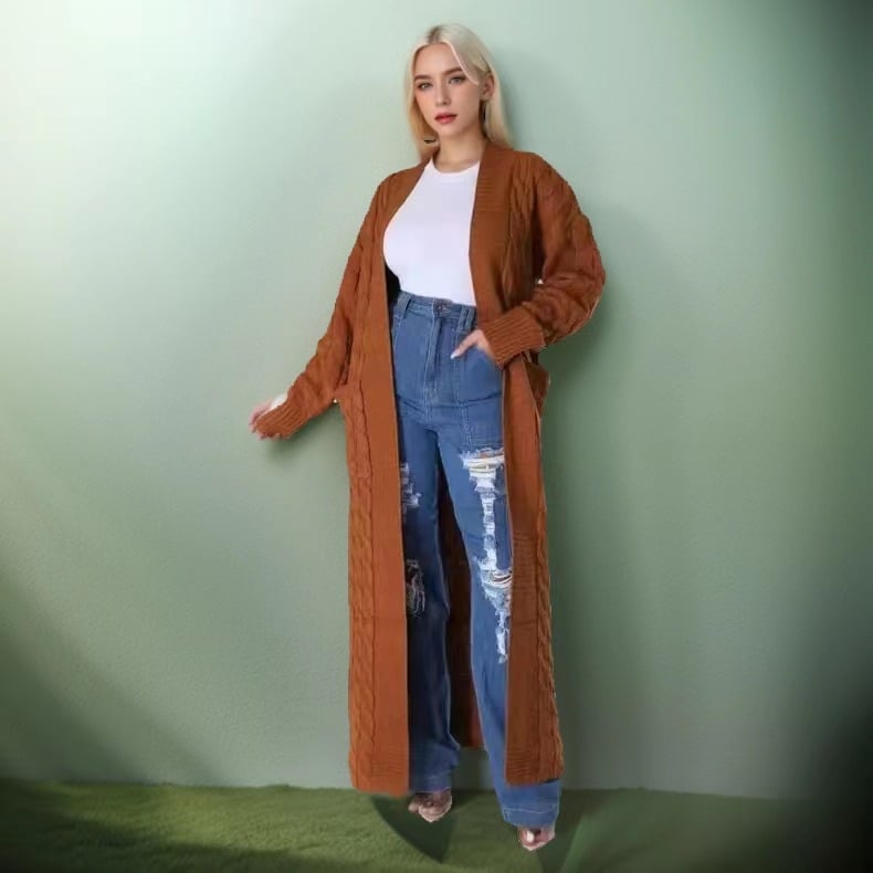 Кардиган с плиткова шарка, casual стил, slim fit, удължен модел, дълги ръкави, без яка, полиестерно-имитационен памук