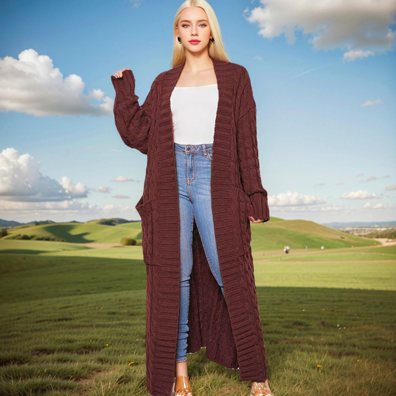 Кардиган с плиткова шарка, casual стил, slim fit, удължен модел, дълги ръкави, без яка, полиестерно-имитационен памук