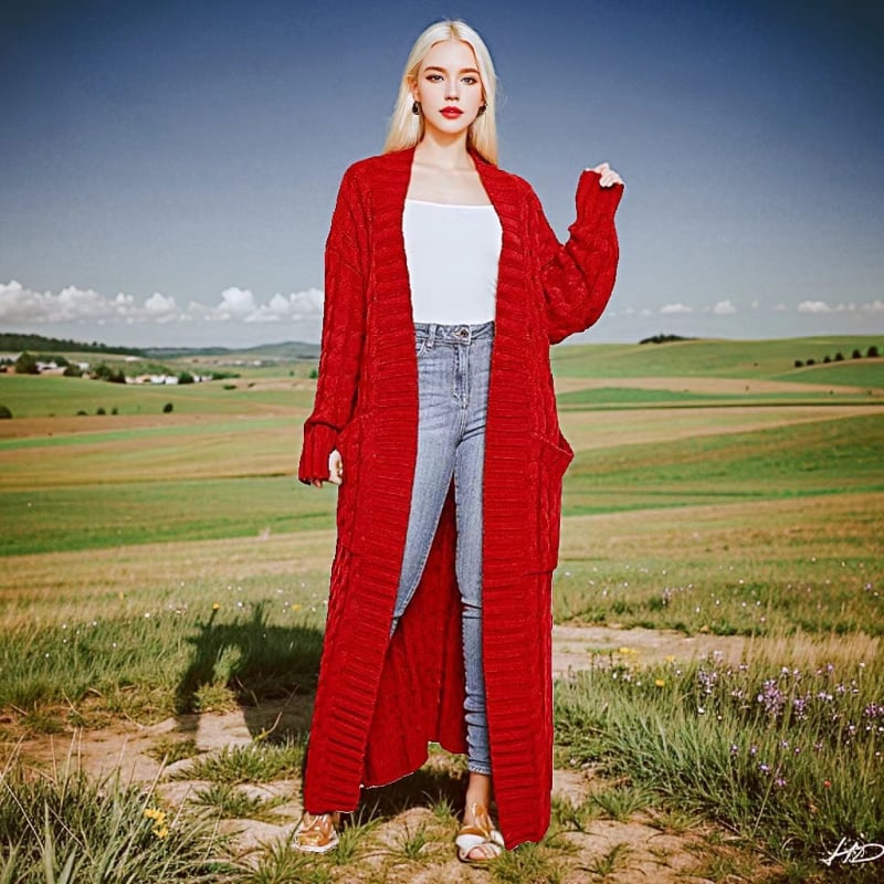 Кардиган с плиткова шарка, casual стил, slim fit, удължен модел, дълги ръкави, без яка, полиестерно-имитационен памук