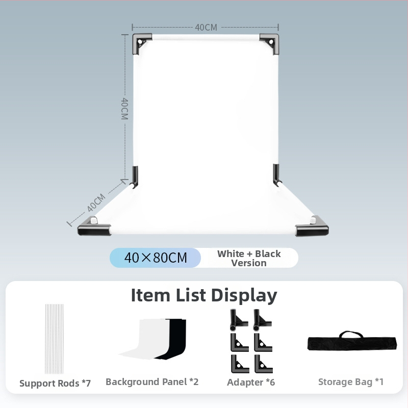 Termékfotózáshoz háttérállvány, fém és PVC, súly 1 kg, tartozékok: tartó rúd, adapter, háttérlemez, hordtáska, használati útmutató