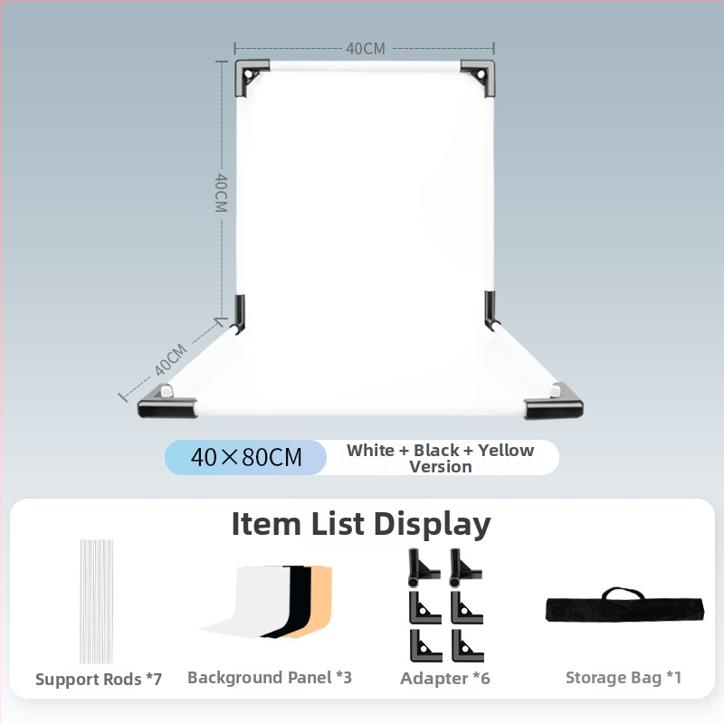 Termékfotózáshoz háttérállvány, fém és PVC, súly 1 kg, tartozékok: tartó rúd, adapter, háttérlemez, hordtáska, használati útmutató