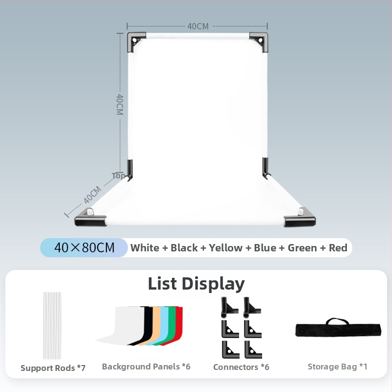 Termékfotózáshoz háttérállvány, fém és PVC, súly 1 kg, tartozékok: tartó rúd, adapter, háttérlemez, hordtáska, használati útmutató