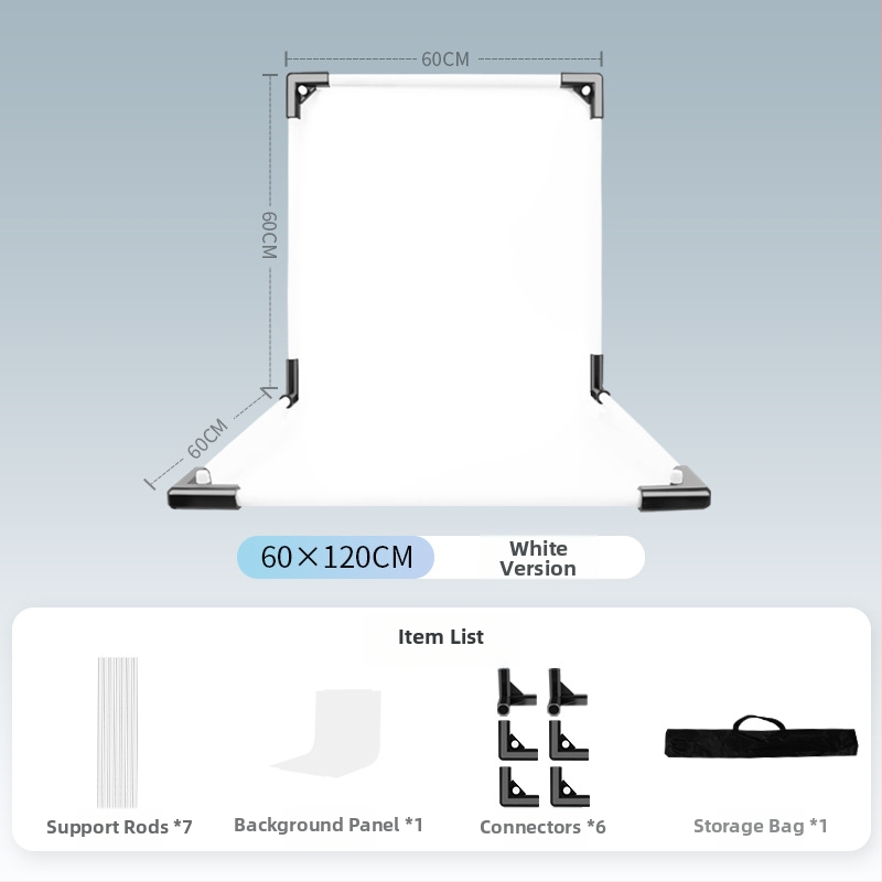 Termékfotózáshoz háttérállvány, fém és PVC, súly 1 kg, tartozékok: tartó rúd, adapter, háttérlemez, hordtáska, használati útmutató