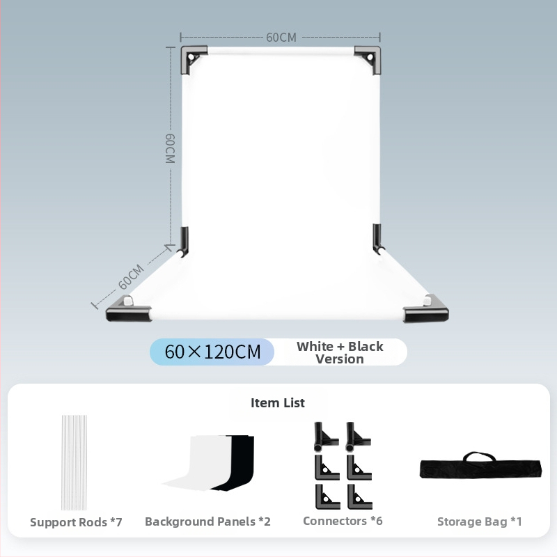 Termékfotózáshoz háttérállvány, fém és PVC, súly 1 kg, tartozékok: tartó rúd, adapter, háttérlemez, hordtáska, használati útmutató