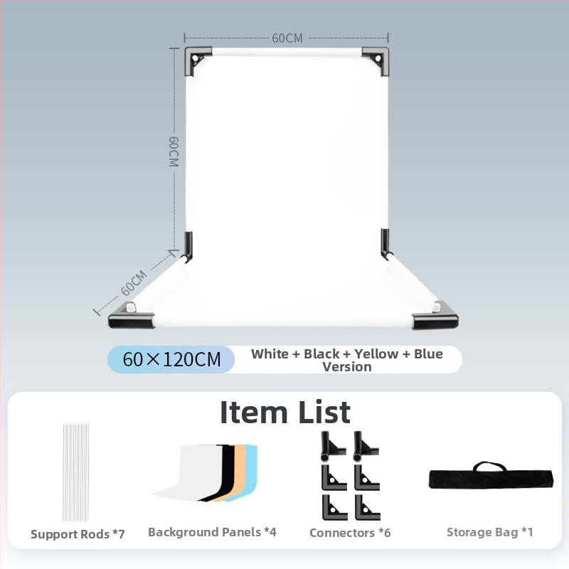 Termékfotózáshoz háttérállvány, fém és PVC, súly 1 kg, tartozékok: tartó rúd, adapter, háttérlemez, hordtáska, használati útmutató
