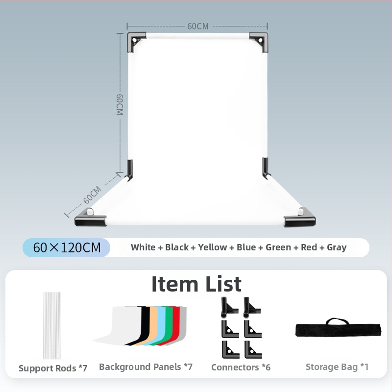 Termékfotózáshoz háttérállvány, fém és PVC, súly 1 kg, tartozékok: tartó rúd, adapter, háttérlemez, hordtáska, használati útmutató