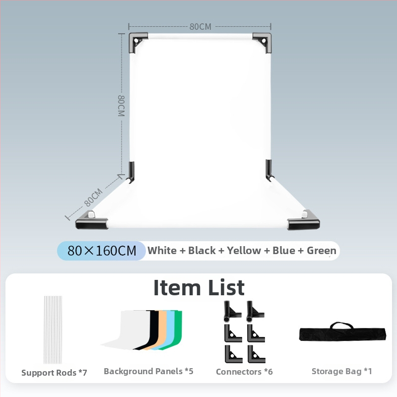 Termékfotózáshoz háttérállvány, fém és PVC, súly 1 kg, tartozékok: tartó rúd, adapter, háttérlemez, hordtáska, használati útmutató