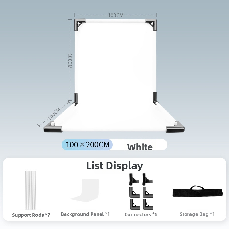 Termékfotózáshoz háttérállvány, fém és PVC, súly 1 kg, tartozékok: tartó rúd, adapter, háttérlemez, hordtáska, használati útmutató