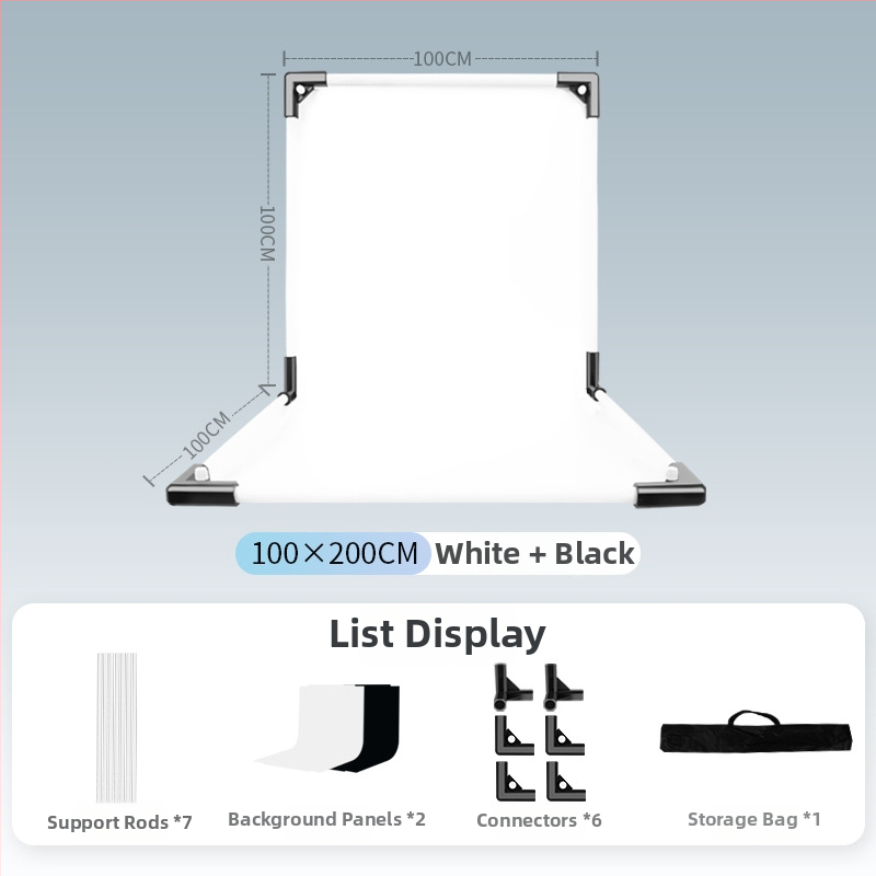 Termékfotózáshoz háttérállvány, fém és PVC, súly 1 kg, tartozékok: tartó rúd, adapter, háttérlemez, hordtáska, használati útmutató