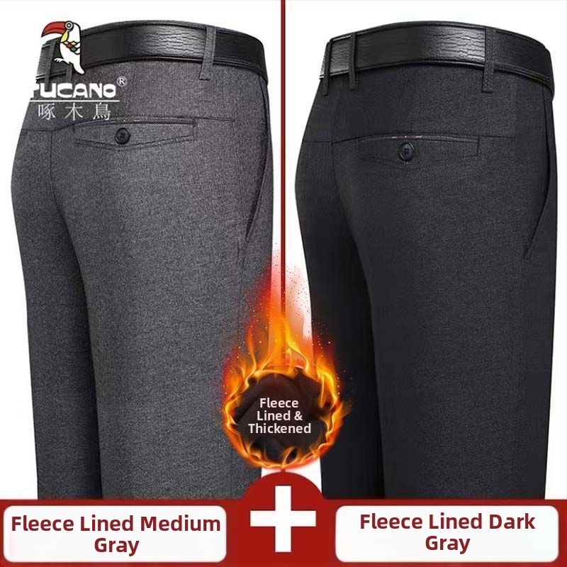 Ανδρικά παντελόνια casual με επένδυση φλίς, υψηλή μέση, ίσια γραμμή, πολυεστέρας