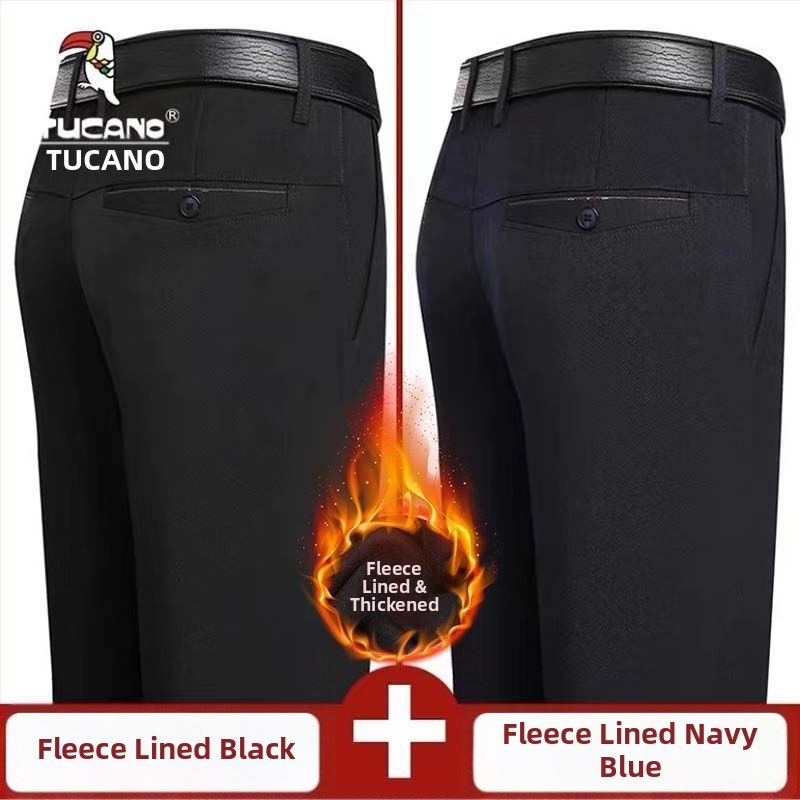 Ανδρικά παντελόνια casual με επένδυση φλίς, υψηλή μέση, ίσια γραμμή, πολυεστέρας