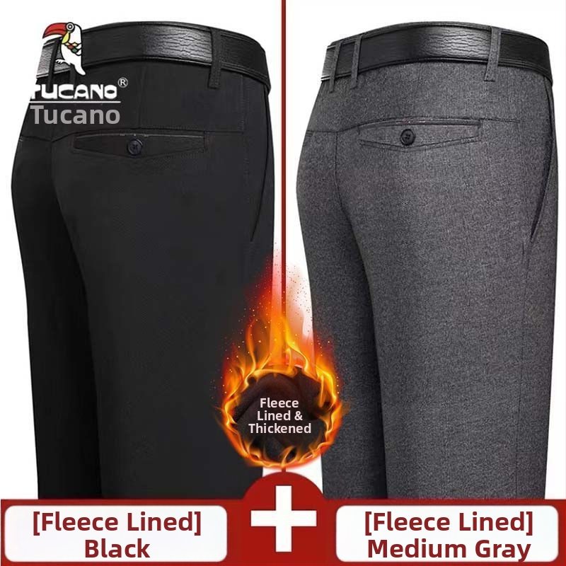 Ανδρικά παντελόνια casual με επένδυση φλίς, υψηλή μέση, ίσια γραμμή, πολυεστέρας