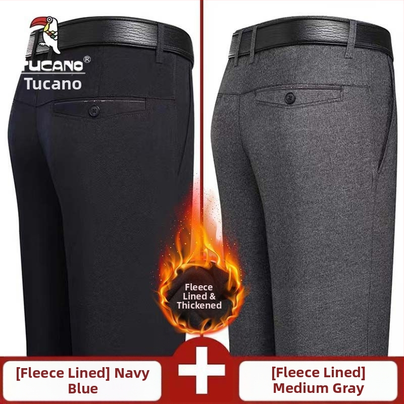 Ανδρικά παντελόνια casual με επένδυση φλίς, υψηλή μέση, ίσια γραμμή, πολυεστέρας