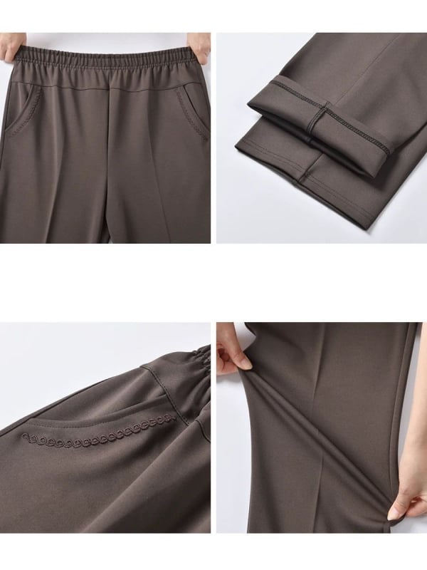 Ευθείες καθημερινές παντελόνες για μεσήλικες γυναίκες, υψηλή μέση, παχιά επένδυση φλίς, ύφασμα μπαμπού/Lyocell