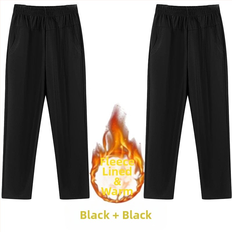 Ευθείες καθημερινές παντελόνες για μεσήλικες γυναίκες, υψηλή μέση, παχιά επένδυση φλίς, ύφασμα μπαμπού/Lyocell