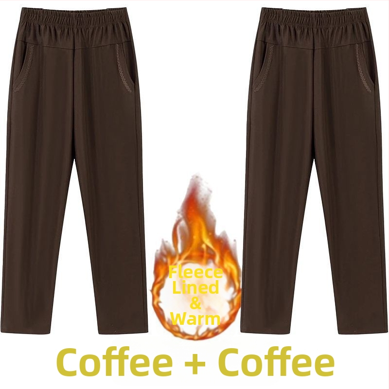 Ευθείες καθημερινές παντελόνες για μεσήλικες γυναίκες, υψηλή μέση, παχιά επένδυση φλίς, ύφασμα μπαμπού/Lyocell