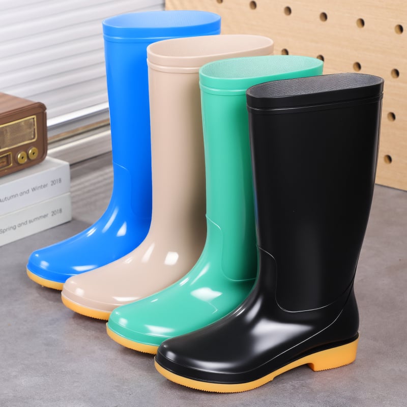 Cizme de ploaie pentru femei, înălțime mare a tubului, PVC, căptușite cu plasă antiderapantă, slip-on, toc mic (1–3 cm), potrivite pentru primăvară-toamnă