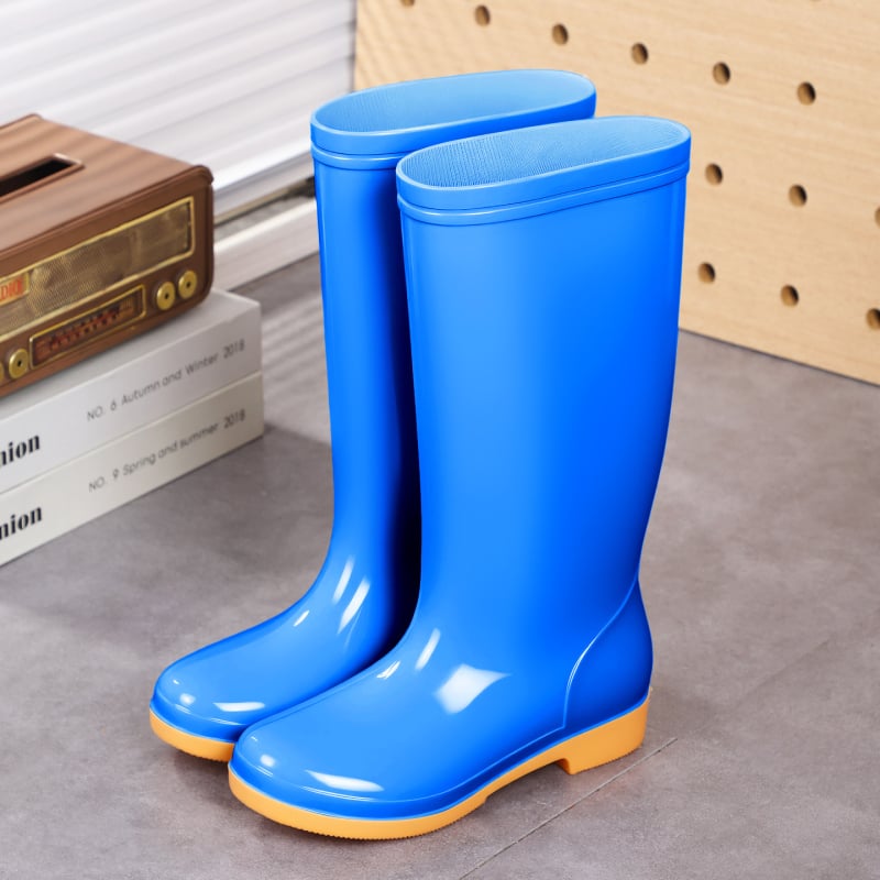 Cizme de ploaie pentru femei, înălțime mare a tubului, PVC, căptușite cu plasă antiderapantă, slip-on, toc mic (1–3 cm), potrivite pentru primăvară-toamnă