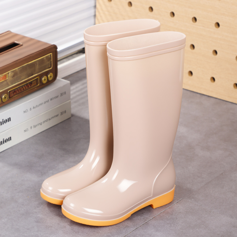 Cizme de ploaie pentru femei, înălțime mare a tubului, PVC, căptușite cu plasă antiderapantă, slip-on, toc mic (1–3 cm), potrivite pentru primăvară-toamnă