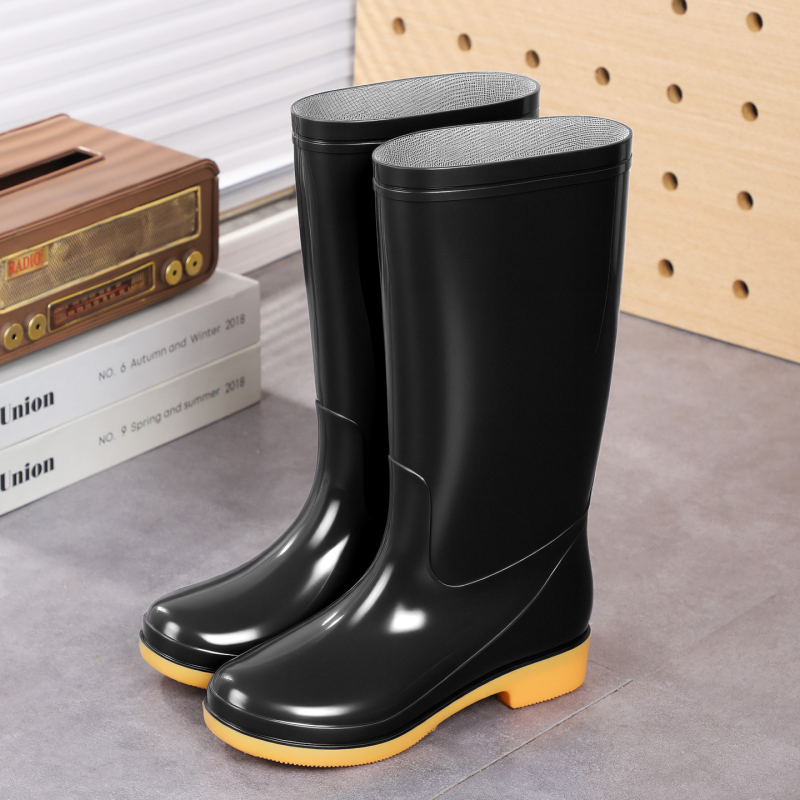 Cizme de ploaie pentru femei, înălțime mare a tubului, PVC, căptușite cu plasă antiderapantă, slip-on, toc mic (1–3 cm), potrivite pentru primăvară-toamnă