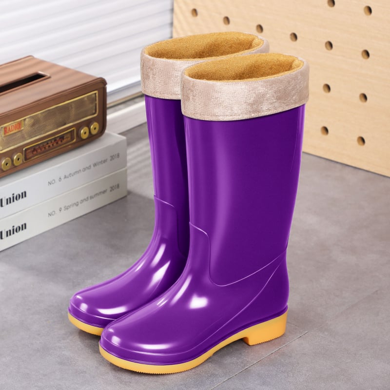 Cizme de ploaie pentru femei, înălțime mare a tubului, PVC, căptușite cu plasă antiderapantă, slip-on, toc mic (1–3 cm), potrivite pentru primăvară-toamnă