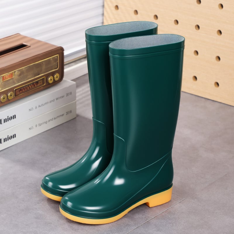 Cizme de ploaie pentru femei, înălțime mare a tubului, PVC, căptușite cu plasă antiderapantă, slip-on, toc mic (1–3 cm), potrivite pentru primăvară-toamnă