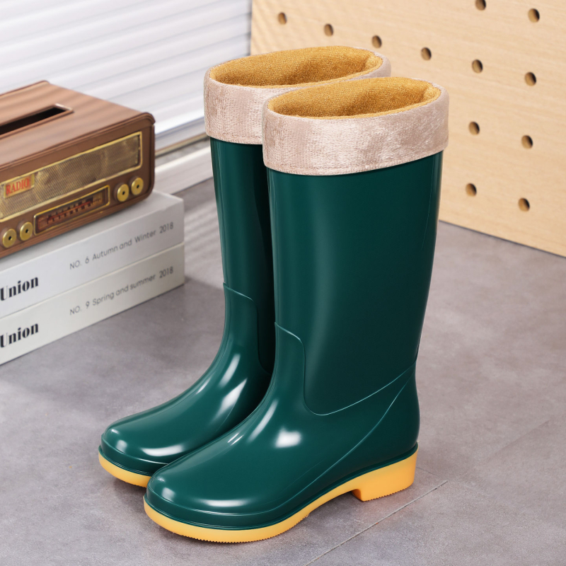 Cizme de ploaie pentru femei, înălțime mare a tubului, PVC, căptușite cu plasă antiderapantă, slip-on, toc mic (1–3 cm), potrivite pentru primăvară-toamnă