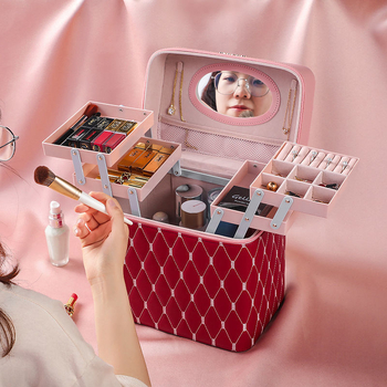 Prijenosna kućna kozmetička torbica s velikom kapacitetom i višefunkcionalni stolni organizator za njegu kože | PU materijal, univerzalni kotačići, zatvarač, vodootporan, proširivi prostor za pohranu